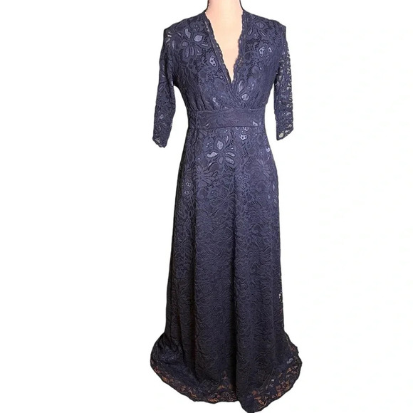 Kiyonna Maria Womens Navy Lace Evening Gown 3/4 Sleeve Scallop Full Length S - Picture 6 of 13